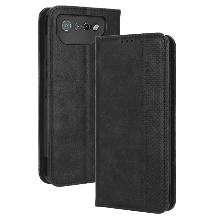 Para Asus ROG Phone 7 5G Retro Funda de Piel de PU con Soporte Monedero Cierre Magnético Funda de Teléfono Móvil - Negro