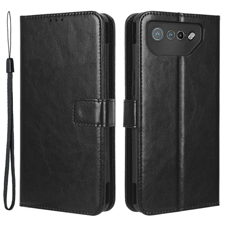 Funda de pie para Asus ROG Phone 7 5G a prueba de rasguños, textura de piel de caballo loca, funda de teléfono de cuero PU - Negro