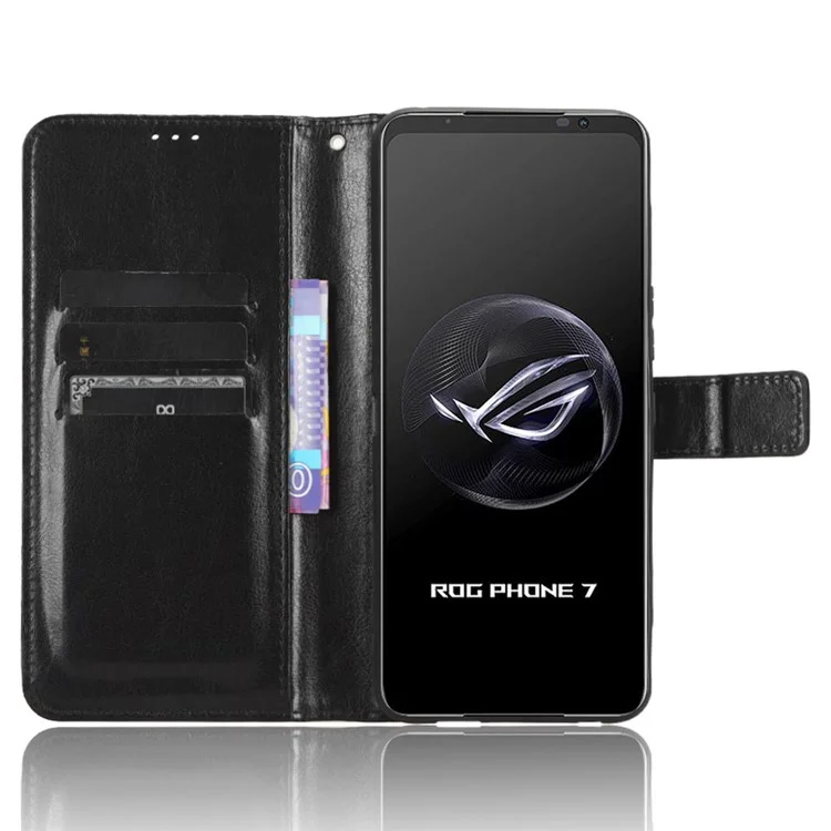 Funda de pie para Asus ROG Phone 7 5G a prueba de rasguños, textura de piel de caballo loca, funda de teléfono de cuero PU - Negro