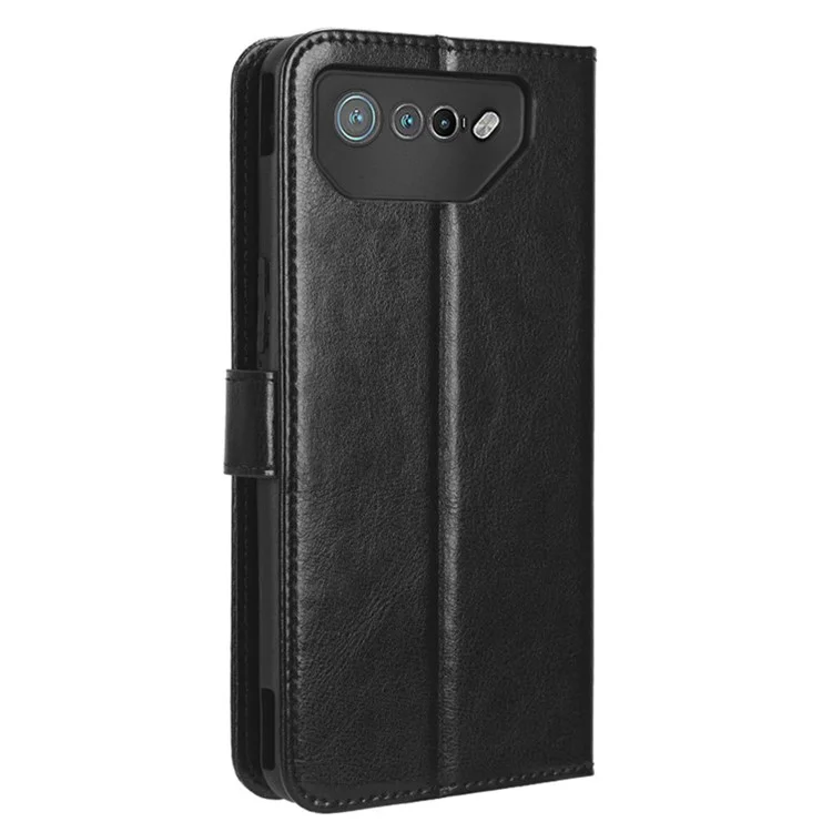 Funda de pie para Asus ROG Phone 7 5G a prueba de rasguños, textura de piel de caballo loca, funda de teléfono de cuero PU - Negro