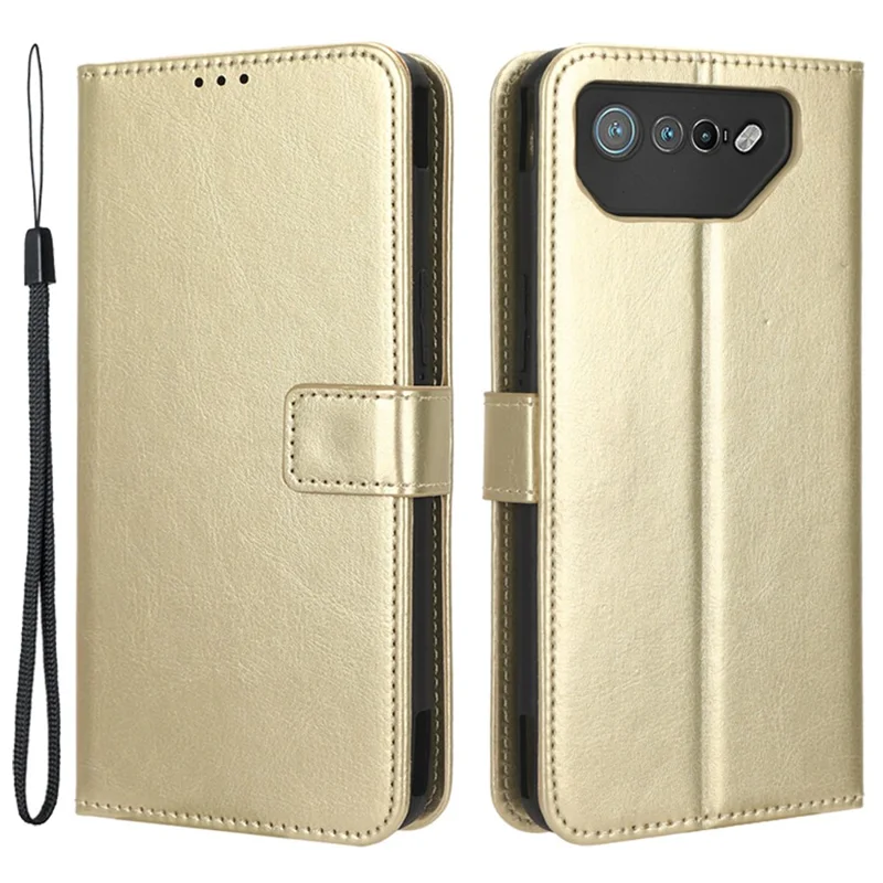 Stand Case for Asus ROG Phone 7 5G Scratch Proof Crazy Horse Texture Wallet PU Leather Phone Cover - Gold