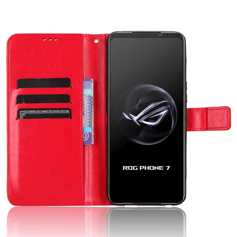 Capa de Suporte para Asus ROG Phone 7 5G Resistente a Arranhões, Textura de Couro Loucura de Cavalo, Capa de Telefone de Couro PU - Vermelho