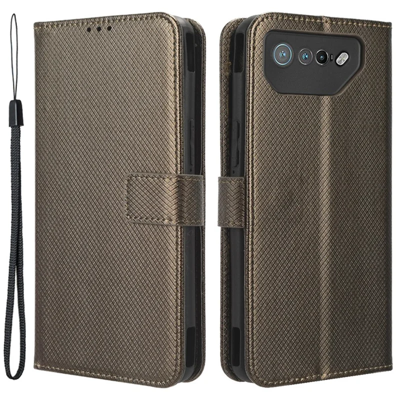 Handyhülle für Asus ROG Phone 7 5G mit Diamantoptik, Handyhülle aus PU-Leder mit Ständer und Geldbörse - Braun