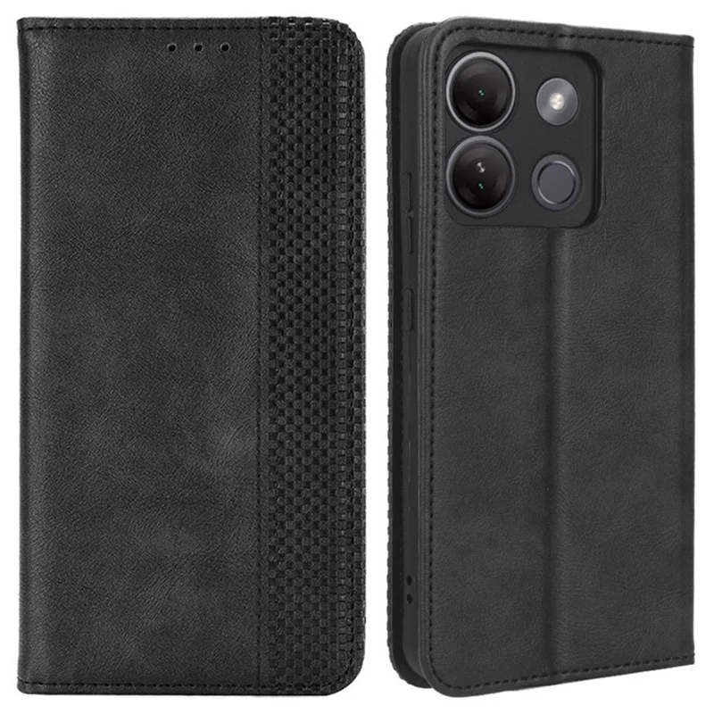 For Infinix Smart 7 Plus Anti-Dust Phone Cover PU Leather Stand Wallet Retro Magnetic Closure Mobile Phone Case - Black