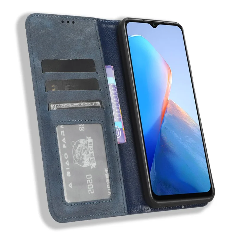 For Infinix Smart 7 Plus Anti-Dust Phone Cover PU Leather Stand Wallet Retro Magnetic Closure Mobile Phone Case - Blue