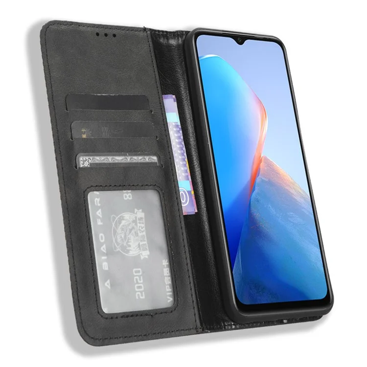 For Infinix Smart 7 HD 4G / X6516 PU Leather Magnetic Closure Mobile Cover Stand Wallet Retro Cell Phone Case - Black