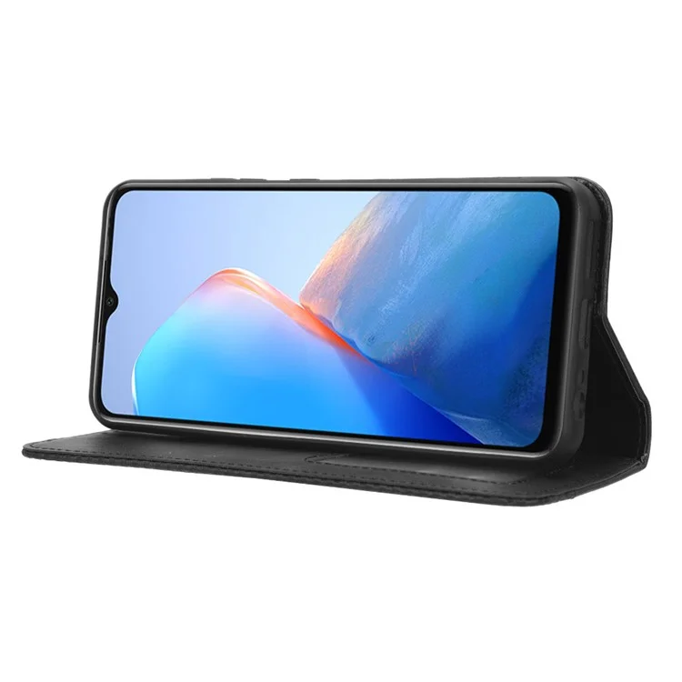 For Infinix Smart 7 HD 4G / X6516 PU Leather Magnetic Closure Mobile Cover Stand Wallet Retro Cell Phone Case - Black