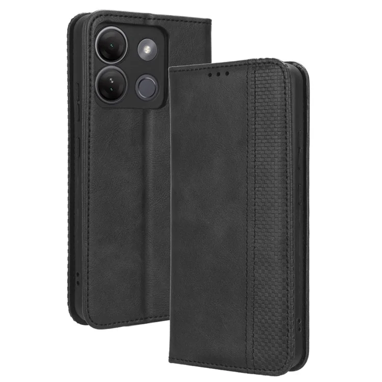 For Infinix Smart 7 HD 4G / X6516 PU Leather Magnetic Closure Mobile Cover Stand Wallet Retro Cell Phone Case - Black
