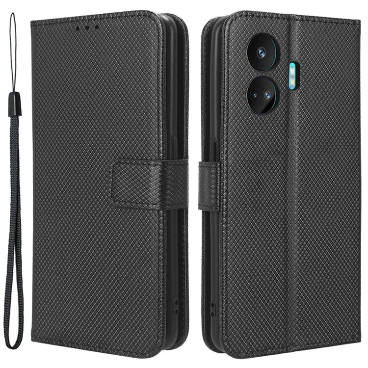 PU Leather Phone Cover for Realme GT Neo5 SE 5G Diamond Texture Phone Case Stand Wallet Shell - Black