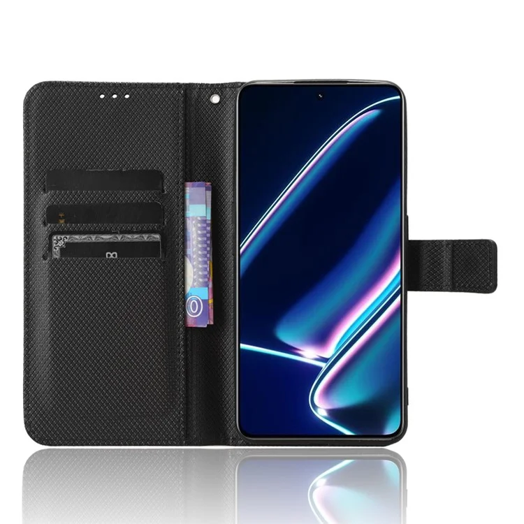 PU Leather Phone Cover for Realme GT Neo5 SE 5G Diamond Texture Phone Case Stand Wallet Shell - Black