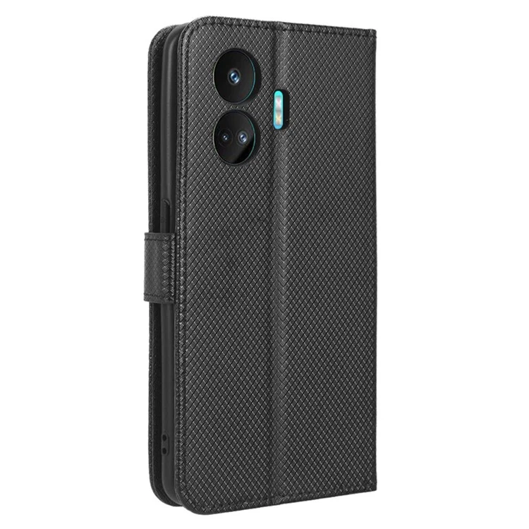 PU Leather Phone Cover for Realme GT Neo5 SE 5G Diamond Texture Phone Case Stand Wallet Shell - Black