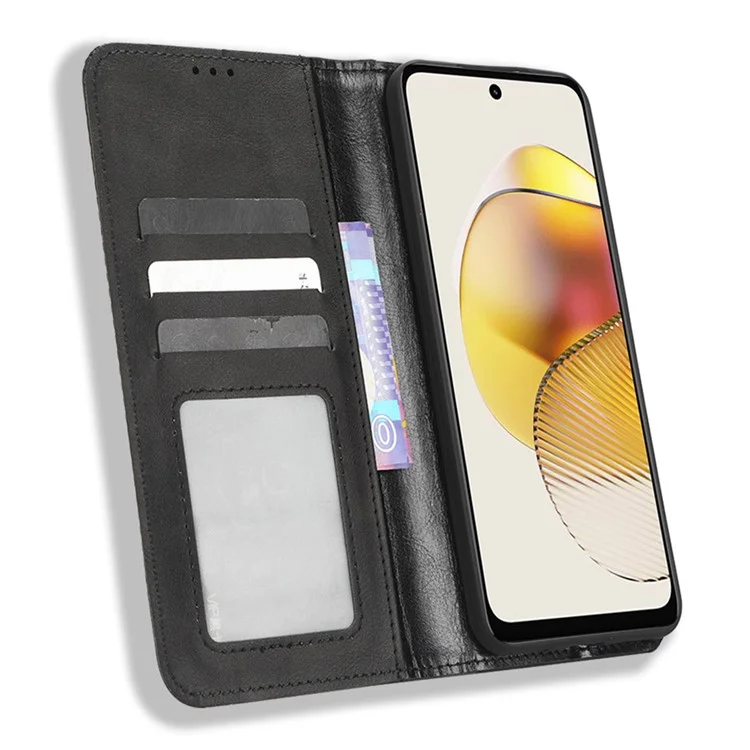 Für Motorola Moto G 5G (2023) Retro PU-Leder-Cover Stand Wallet Magnetisch Anti-Kratzer Handyhülle - Schwarz