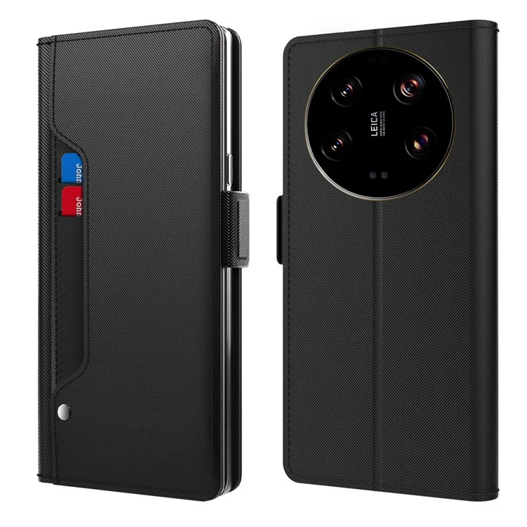 Para Xiaomi 13 Ultra Flip Cell Phone Cover Magnetic PU Leather Folding Stand Card Slot Phone Case with Mirror - Black