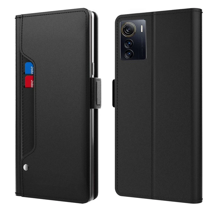 For ZTE Axon 50 Ultra Mirror Design Magnetic PU Leather Stand Phone Case Card Slot Phone Cover Shell - Black