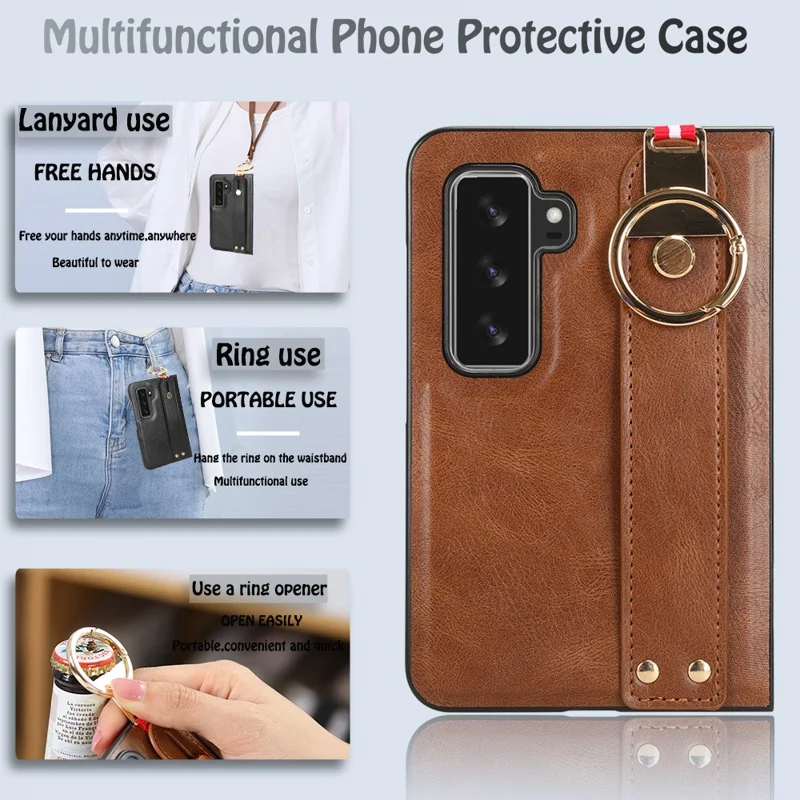 Per Microsoft Surface Duo 2 Custodia per telefono con rivestimento in pelle PC+TPU con cinturino da polso e tracolla - Marrone