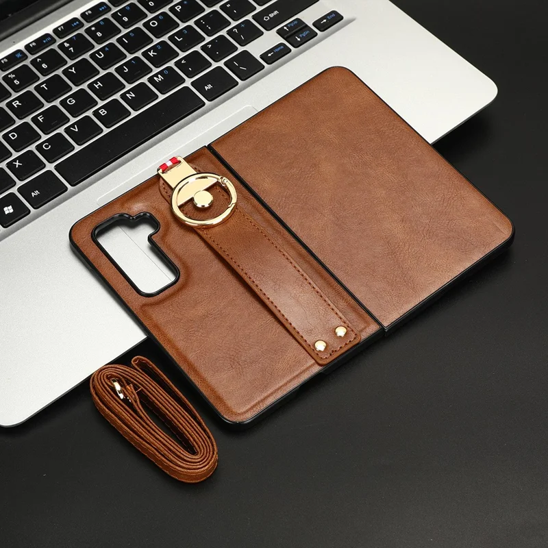 Per Microsoft Surface Duo 2 Custodia per telefono con rivestimento in pelle PC+TPU con cinturino da polso e tracolla - Marrone