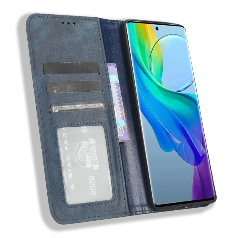Funda de cuero con billetera para vivo Y78+ 5G / Y78 5G / V29 Lite 5G, funda con soporte, billetera, cierre magnético retro - Azul