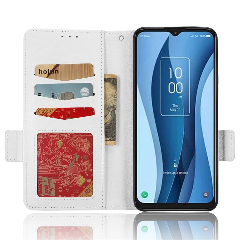 PU Leather Wallet Cell Phone Case For TCL 40 XL Litchi Texture Flip Stand Phone Cover - White