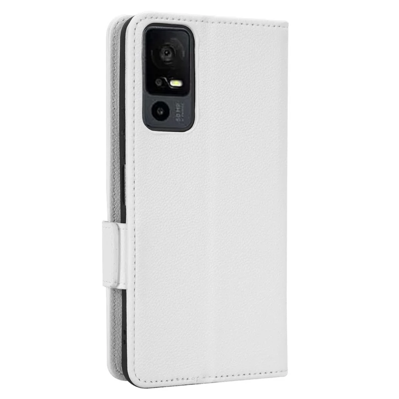 PU Leather Wallet Cell Phone Case For TCL 40 XL Litchi Texture Flip Stand Phone Cover - White