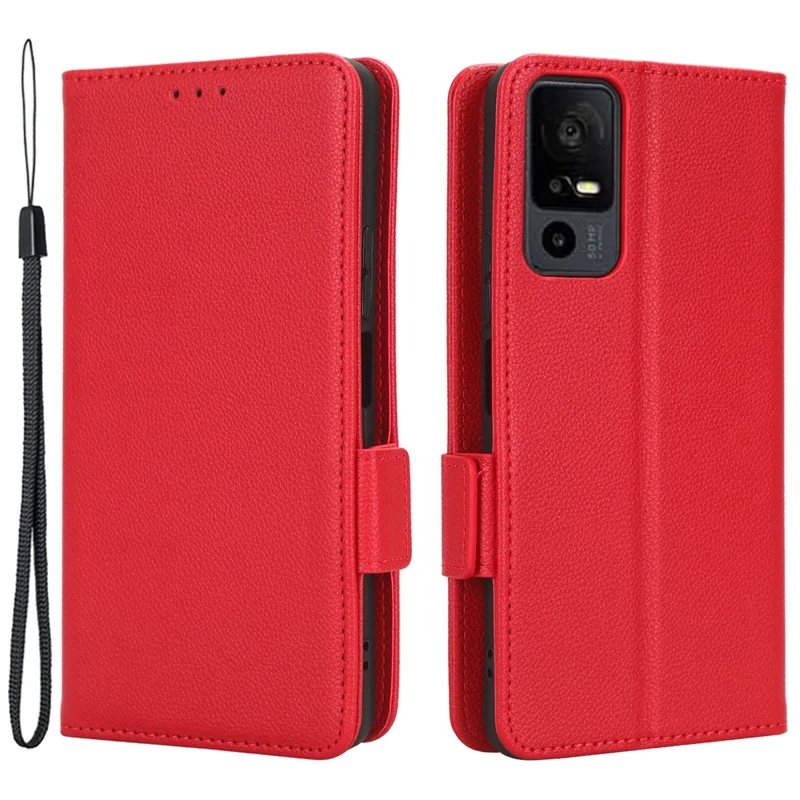 PU Leather Wallet Cell Phone Case For TCL 40 XL Litchi Texture Flip Stand Phone Cover - Red