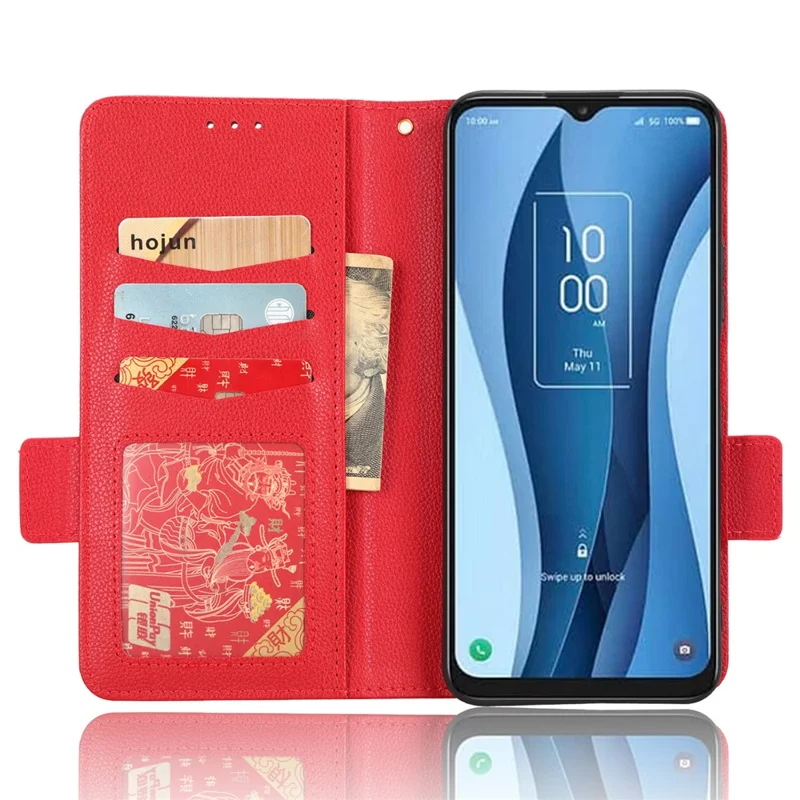 PU Leather Wallet Cell Phone Case For TCL 40 XL Litchi Texture Flip Stand Phone Cover - Red