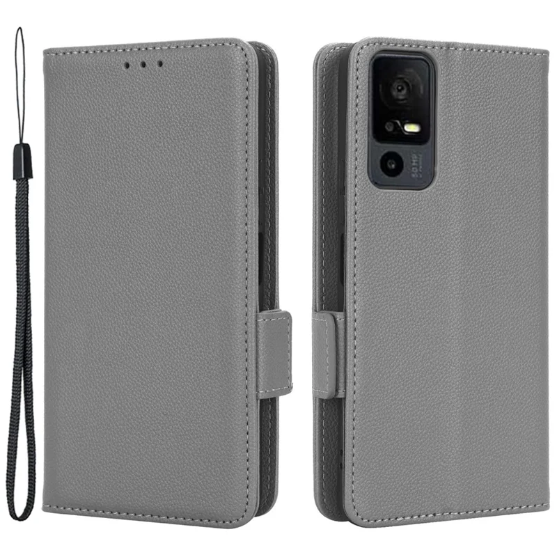 PU Leather Wallet Cell Phone Case For TCL 40 XL Litchi Texture Flip Stand Phone Cover - Grey