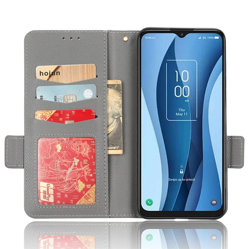 PU Leather Wallet Cell Phone Case For TCL 40 XL Litchi Texture Flip Stand Phone Cover - Grey