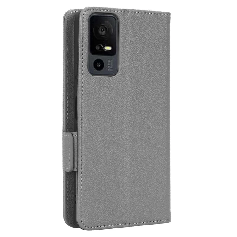 PU Leather Wallet Cell Phone Case For TCL 40 XL Litchi Texture Flip Stand Phone Cover - Grey