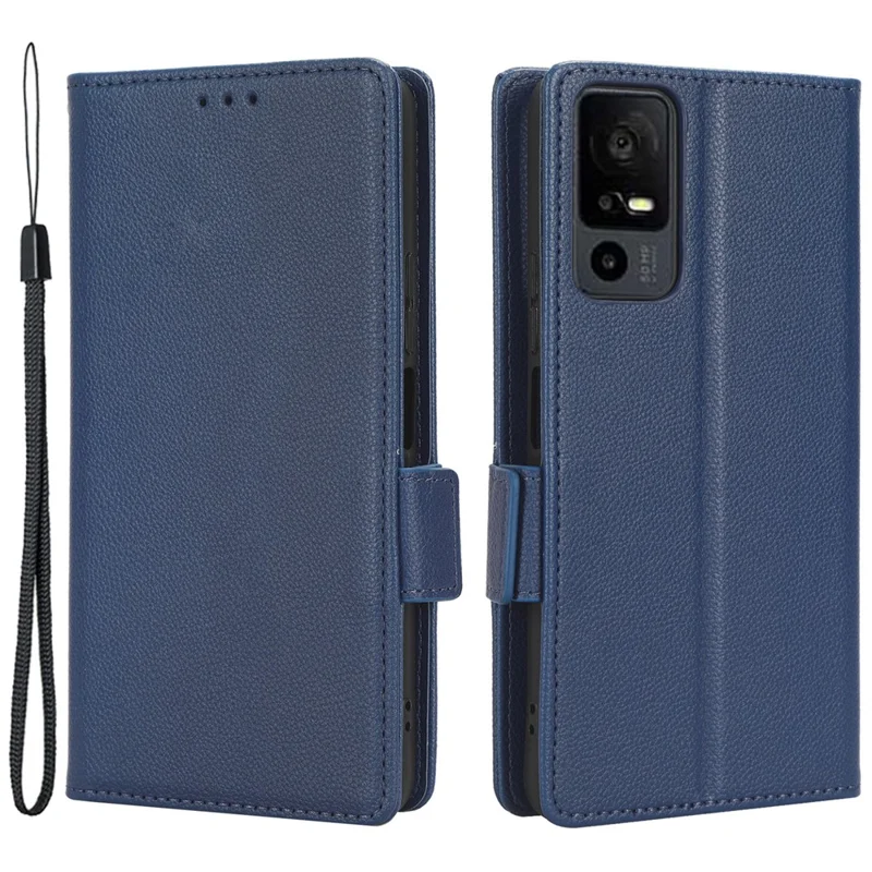 PU Leather Wallet Cell Phone Case For TCL 40 XL Litchi Texture Flip Stand Phone Cover - Dark Blue