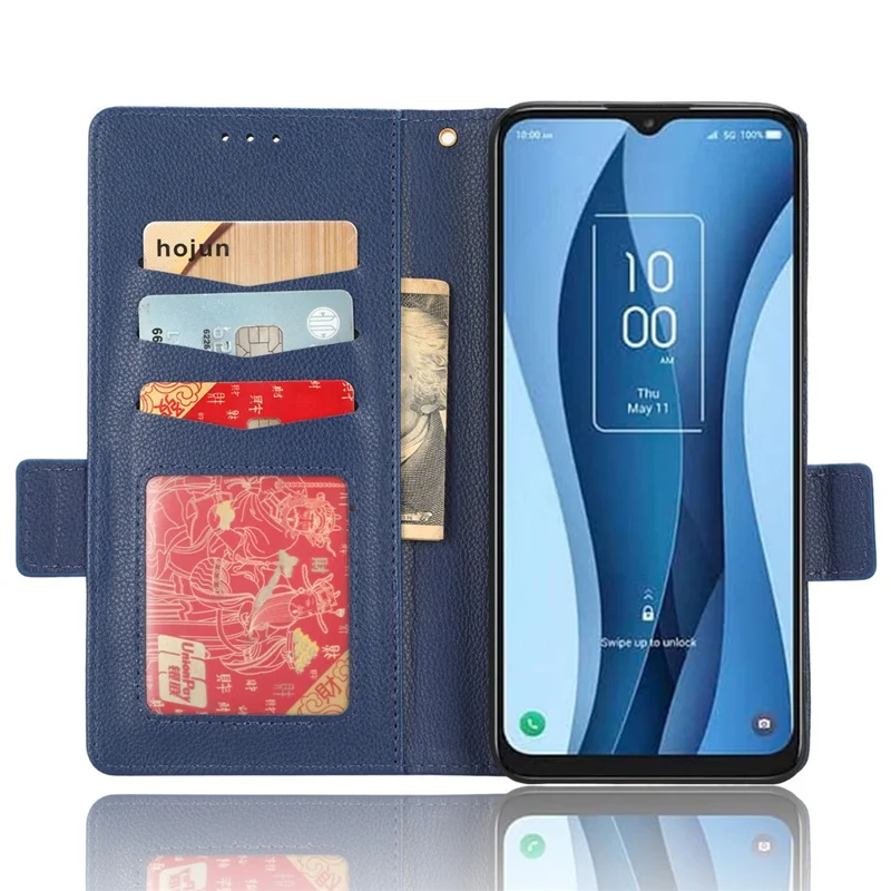 PU Leather Wallet Cell Phone Case For TCL 40 XL Litchi Texture Flip Stand Phone Cover - Dark Blue