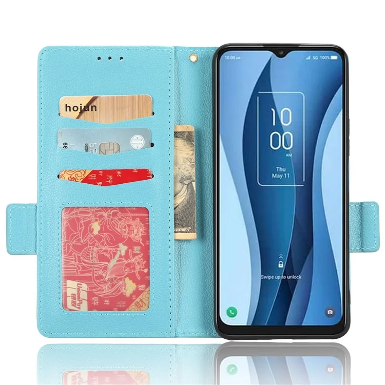 PU Leather Wallet Cell Phone Case For TCL 40 XL Litchi Texture Flip Stand Phone Cover - Baby Blue