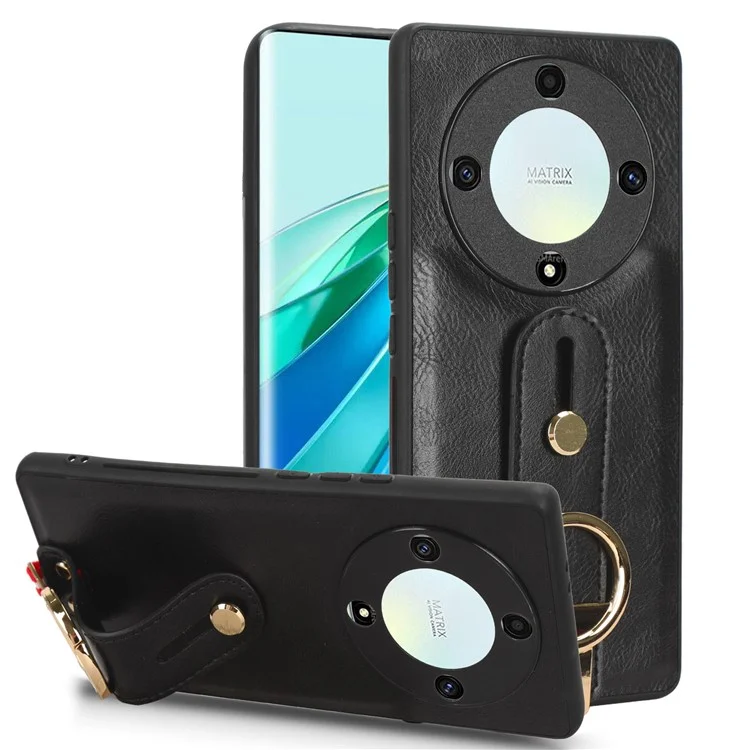 For Honor X9a 5G / Magic5 Lite 5G / X40 5G Leather Coated Phone Case Wristband Kickstand PC+TPU Protective Cover - Black