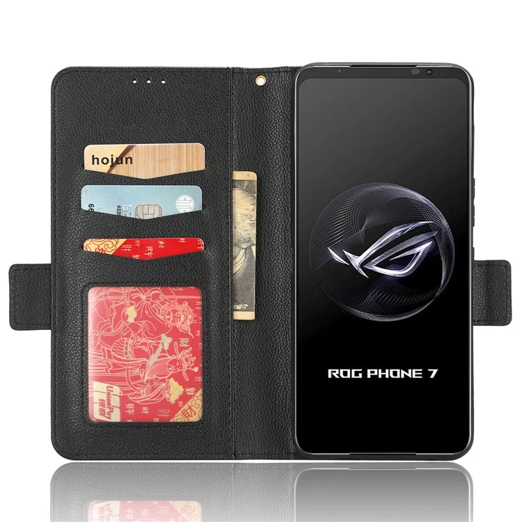 Для телефона Asus ROG Phone 7 5G Flip Stand Phone Shell PU Leather Wallet Anti-drop Case Litchi Texture Phone Cover - Чёрный