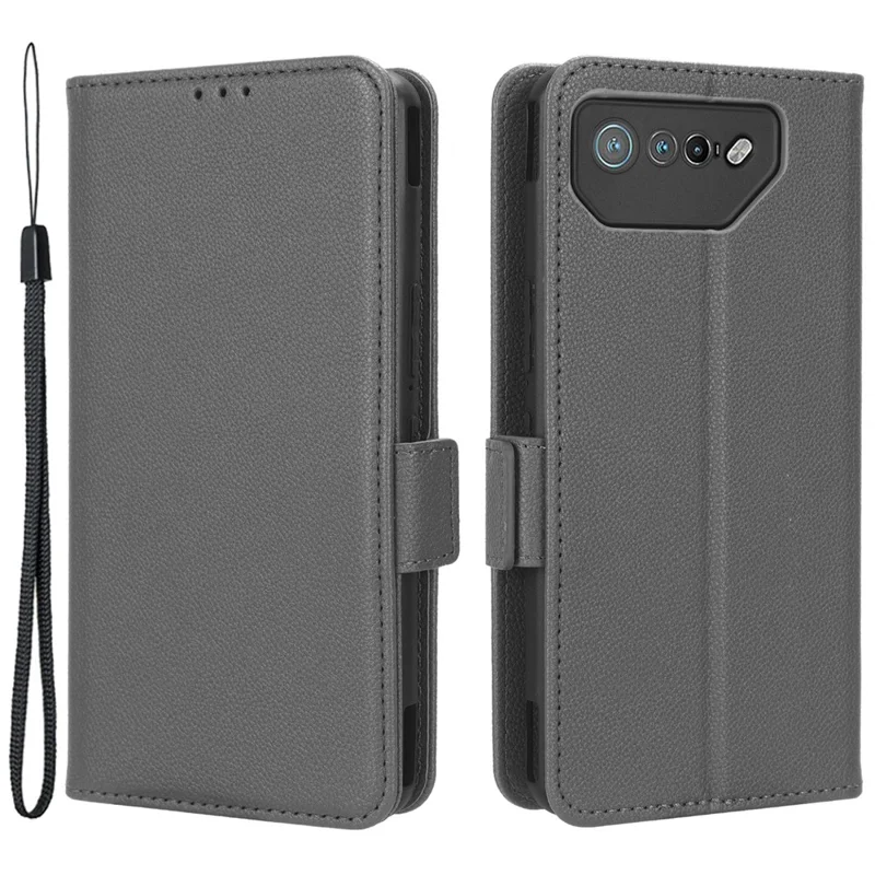 Pour Asus ROG Phone 7 5G Flip Stand Phone Shell PU Leather Wallet Anti-drop Case Litchi Texture Phone Cover - Gris