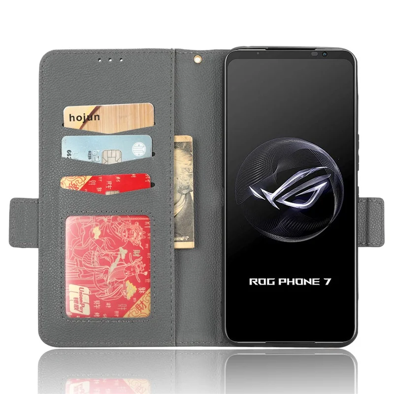 Pour Asus ROG Phone 7 5G Flip Stand Phone Shell PU Leather Wallet Anti-drop Case Litchi Texture Phone Cover - Gris