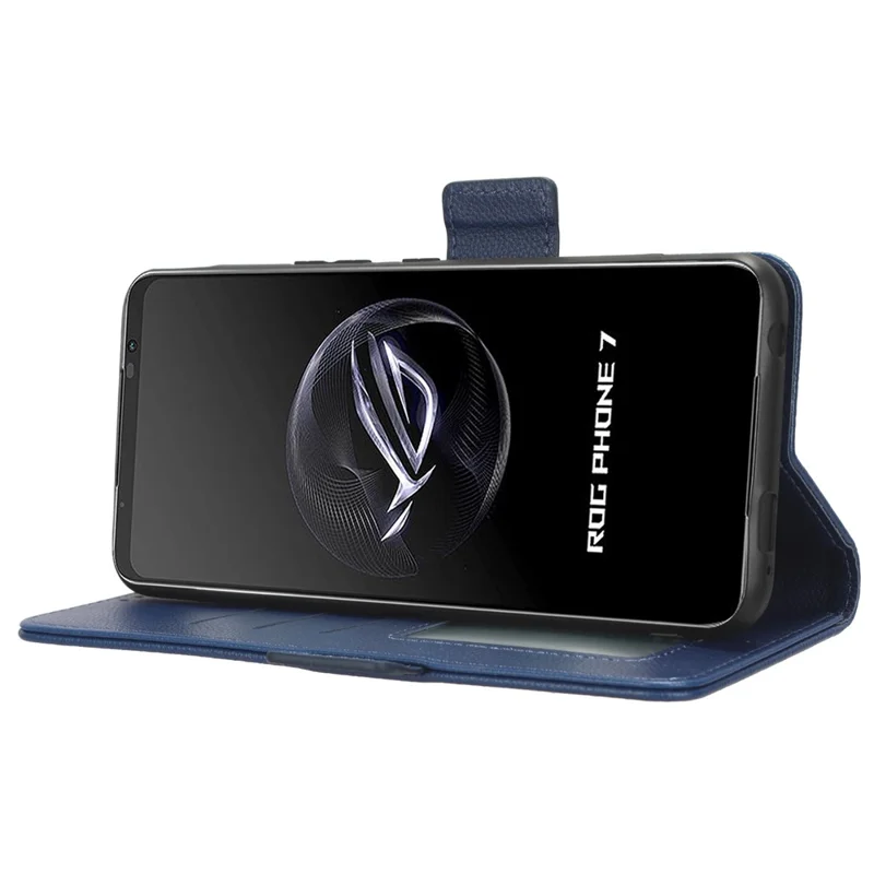 For Asus ROG Phone 7 5G Flip Stand Phone Shell PU Leather Wallet Anti-drop Case Litchi Texture Phone Cover - Dark Blue