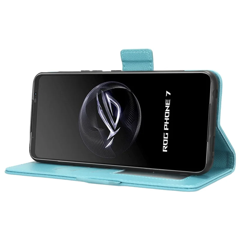 Per Asus ROG Phone 7 5G Flip Stand Phone Shell PU Leather Wallet Anti-drop Case Litchi Texture Phone Cover - Baby Blue