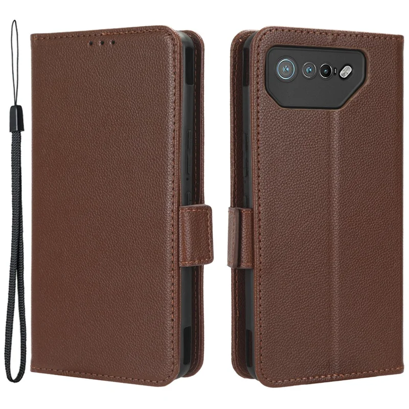 Per Asus ROG Phone 7 5G Flip Stand Phone Shell PU Leather Wallet Anti-drop Case Litchi Texture Phone Cover - Brown