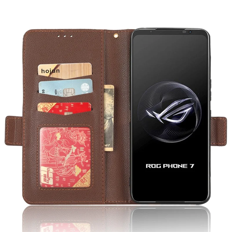 Per Asus ROG Phone 7 5G Flip Stand Phone Shell PU Leather Wallet Anti-drop Case Litchi Texture Phone Cover - Brown