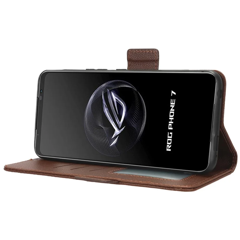 Per Asus ROG Phone 7 5G Flip Stand Phone Shell PU Leather Wallet Anti-drop Case Litchi Texture Phone Cover - Brown