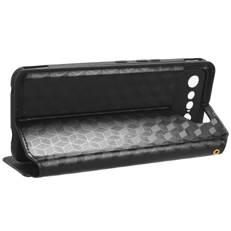 Para el caso del teléfono celular Asus ROG Phone 7 5G, estuche con diseño de rombo estampado en piel de poliuretano, cartera, soporte y tapa plegable - Negro