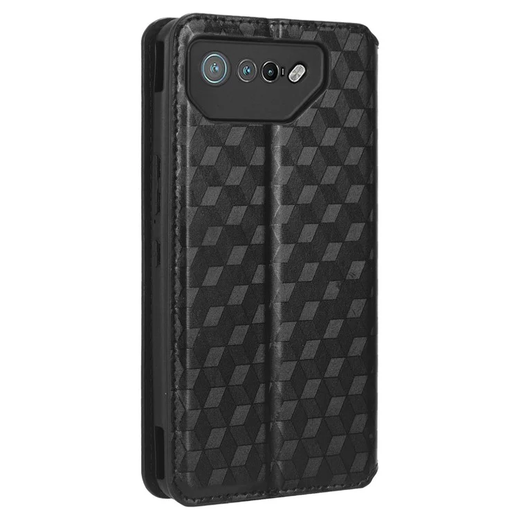Para el caso del teléfono celular Asus ROG Phone 7 5G, estuche con diseño de rombo estampado en piel de poliuretano, cartera, soporte y tapa plegable - Negro