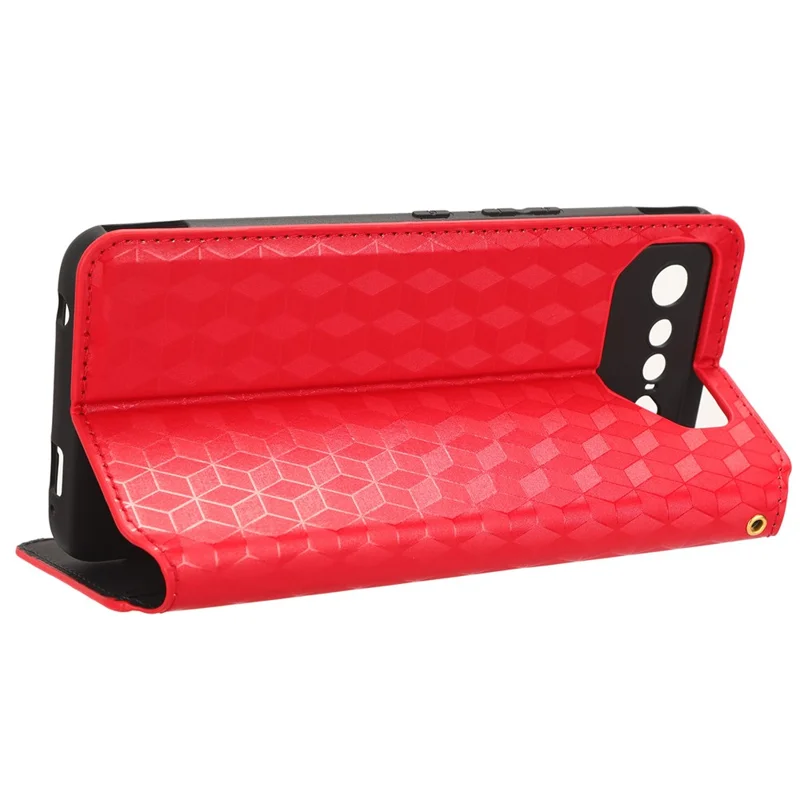 For Asus ROG Phone 7 5G Cell Phone Case Imprinted Rhombus PU Leather Wallet Stand Flip Cover - Red