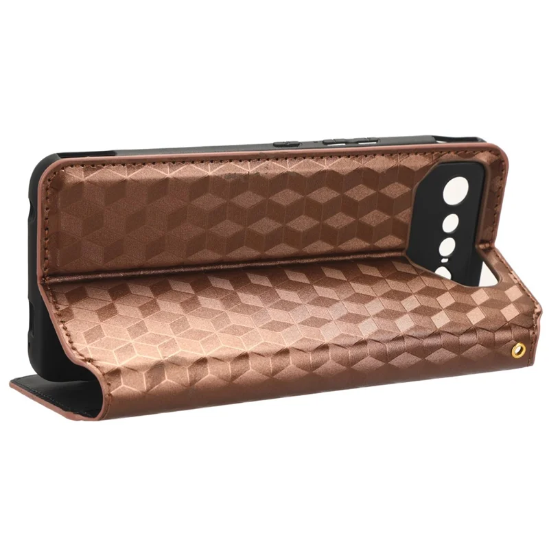 For Asus ROG Phone 7 5G Cell Phone Case Imprinted Rhombus PU Leather Wallet Stand Flip Cover - Brown