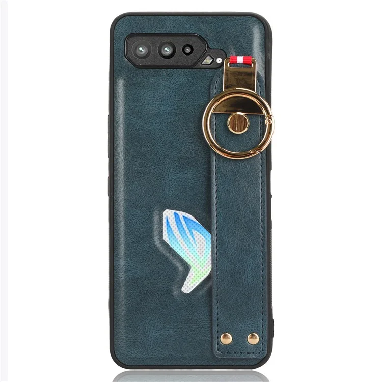 Pour Asus ROG Phone 5 ZS673KS Bracelet Support de téléphone portable Étui en cuir PU Couvercle arrière en PC+TPU avec sangle de cou - Bleu