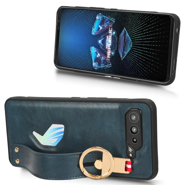 Pour Asus ROG Phone 5 ZS673KS Bracelet Support de téléphone portable Étui en cuir PU Couvercle arrière en PC+TPU avec sangle de cou - Bleu