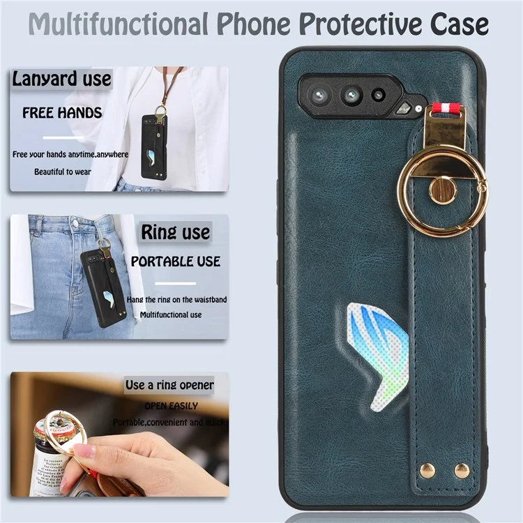 Pour Asus ROG Phone 5 ZS673KS Bracelet Support de téléphone portable Étui en cuir PU Couvercle arrière en PC+TPU avec sangle de cou - Bleu