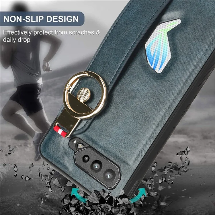 Pour Asus ROG Phone 5 ZS673KS Bracelet Support de téléphone portable Étui en cuir PU Couvercle arrière en PC+TPU avec sangle de cou - Bleu