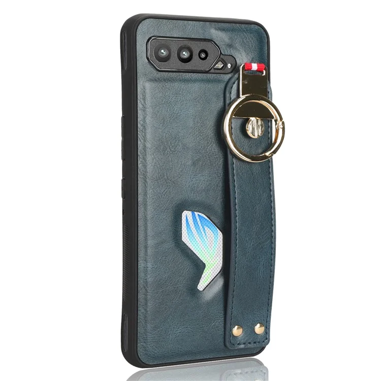 Pour Asus ROG Phone 5 ZS673KS Bracelet Support de téléphone portable Étui en cuir PU Couvercle arrière en PC+TPU avec sangle de cou - Bleu