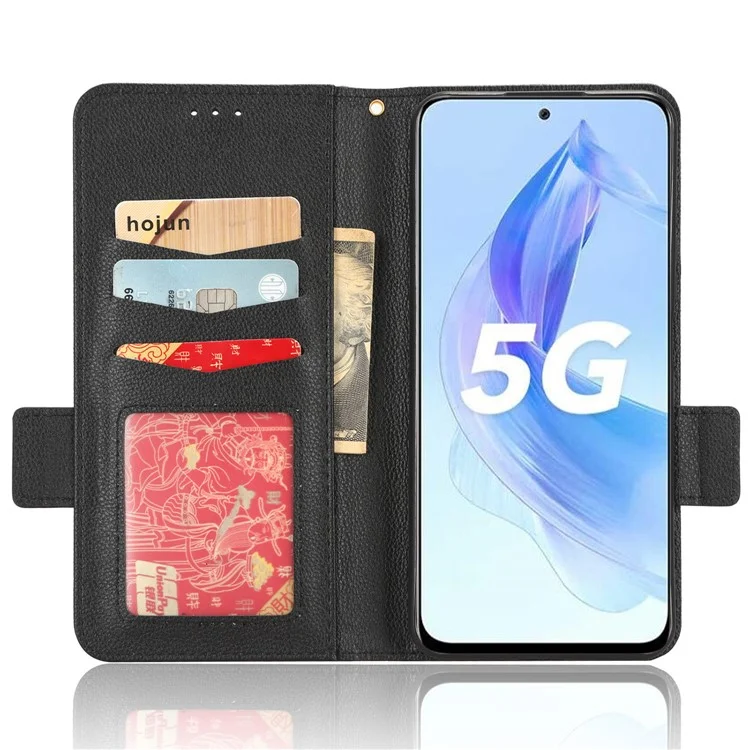 Чехол-бумажник для телефона For Honor 90 Lite 5G / X50i 5G с защитой от царапин, из искусственной кожи с текстурой личи, с откидной подставкой - черный